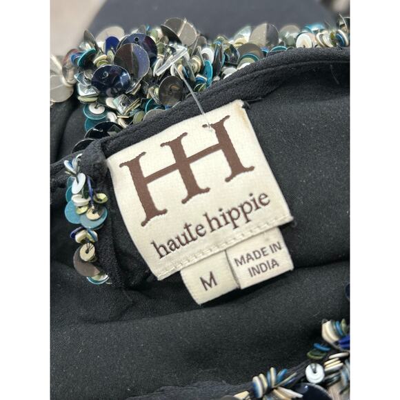 HAUTE HIPPIE Mosaic Sequin Embelished Cropped Top Short Sleeves Black Silk Sz‎ M - Picture 6 of 12